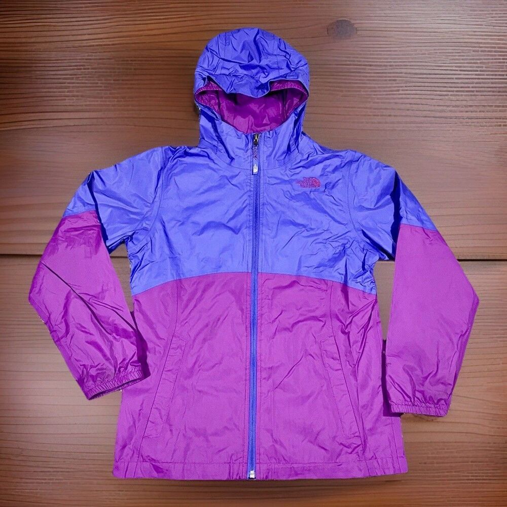 The North Face Girls M 10-12 Blue Purple Hooded Windbreaker Rain Jacket Full Zip